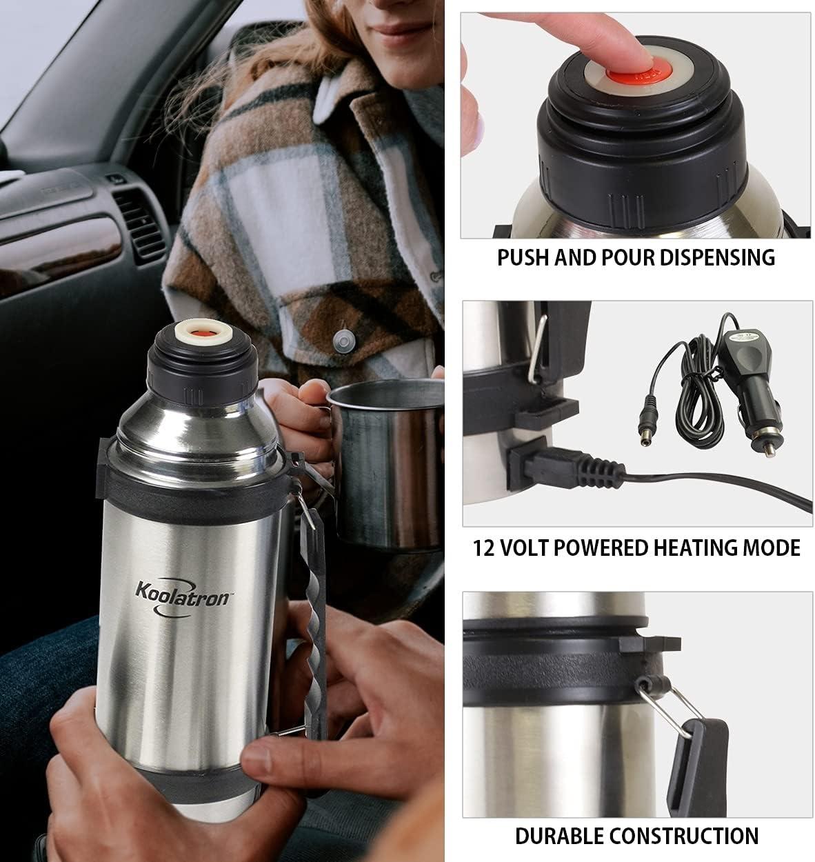 image:imageKoolatron 12V Insulated Vacuum Flask with Heater 1L Silver and Black Stainless Steel Push Button Dispenser for Car SUV Truck RV Boat