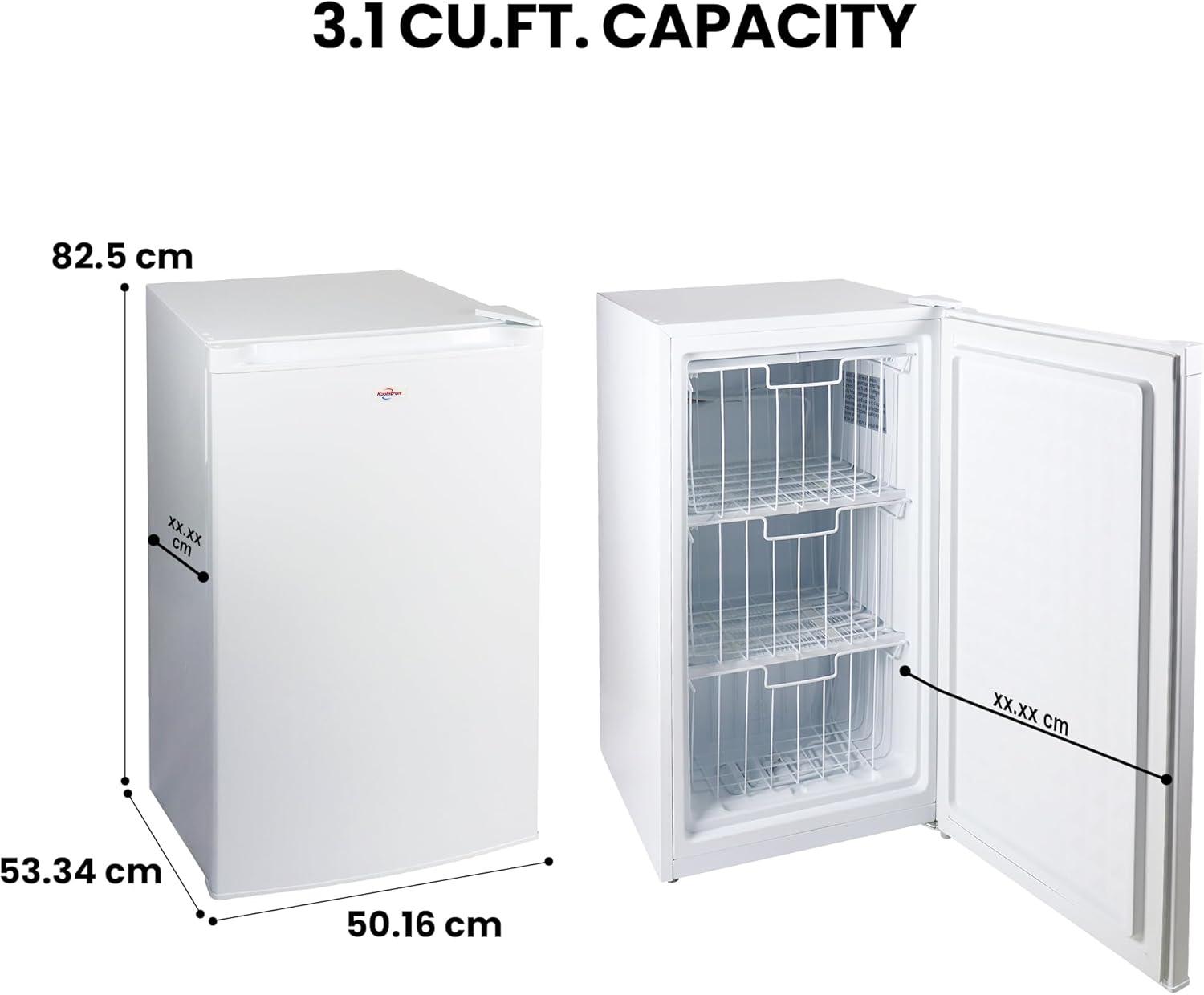 image:imageKoolatron Compact Upright Freezer 31 cu ft 88L White Manual Defrost Design SpaceSaving Flat Back Reversible Door 3 PullOut Basket Shelves for Apartment Condo Cottage