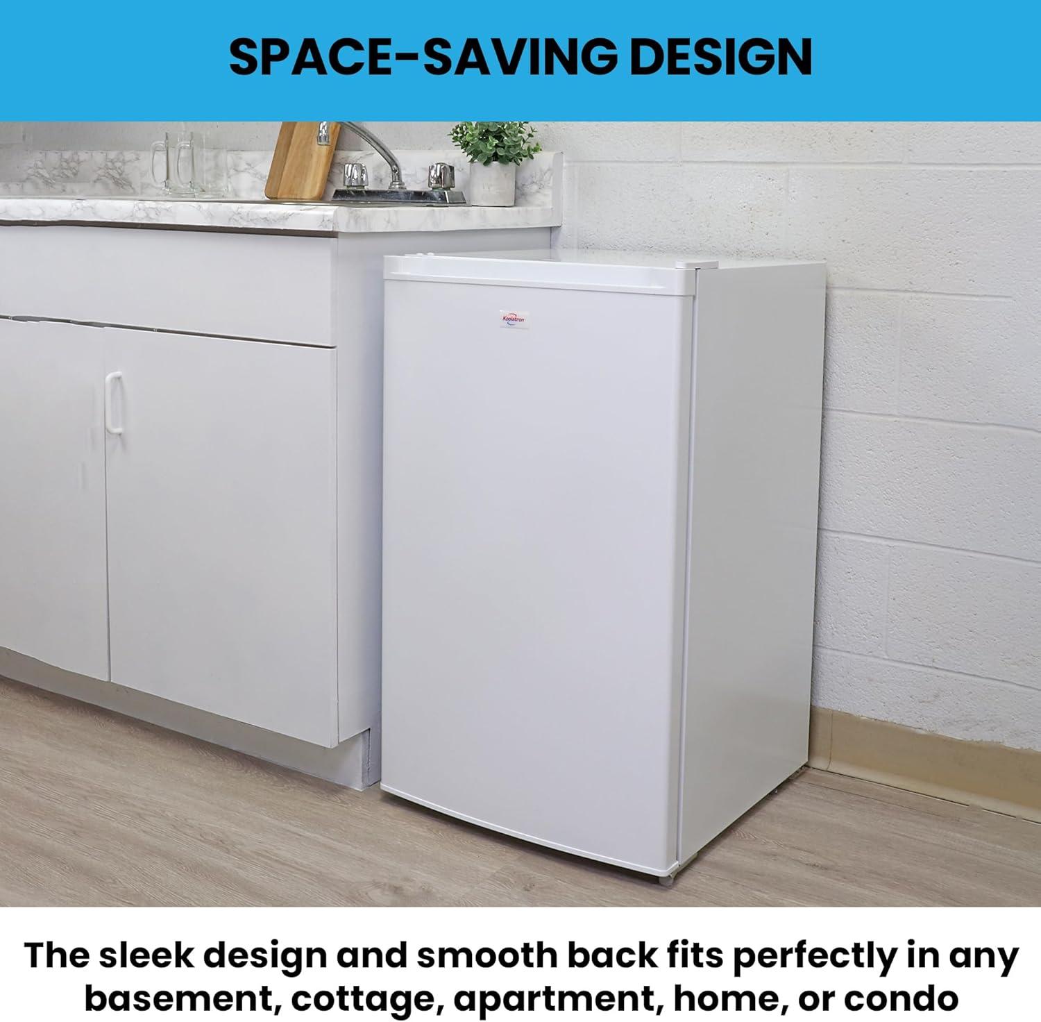 image:imageKoolatron Compact Upright Freezer 31 cu ft 88L White Manual Defrost Design SpaceSaving Flat Back Reversible Door 3 PullOut Basket Shelves for Apartment Condo Cottage
