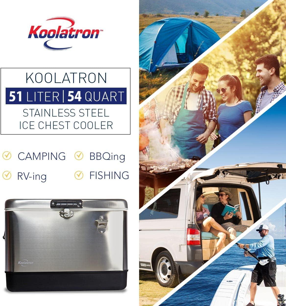 image:imageKoolatron Ice Chest Cooler Portable Ice Bucket with Bottle Opener Vintage Style Insulated for Camping Beach Picnic RV BBQs Tailgating Fishing Stainless Steel 85 Can Ice Box 51L 54 qt