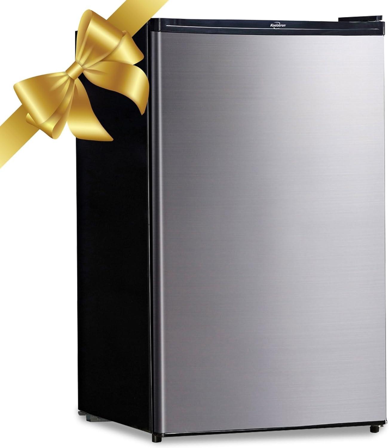 image:imageKoolatron Stainless Steel Compact Fridge with Freezer 44 cu ft 124L Silver and Black Flat Back Reversible Door for Snacks Frozen Meals Beverages Beer Den Dorm Office Rec Room Home Bar