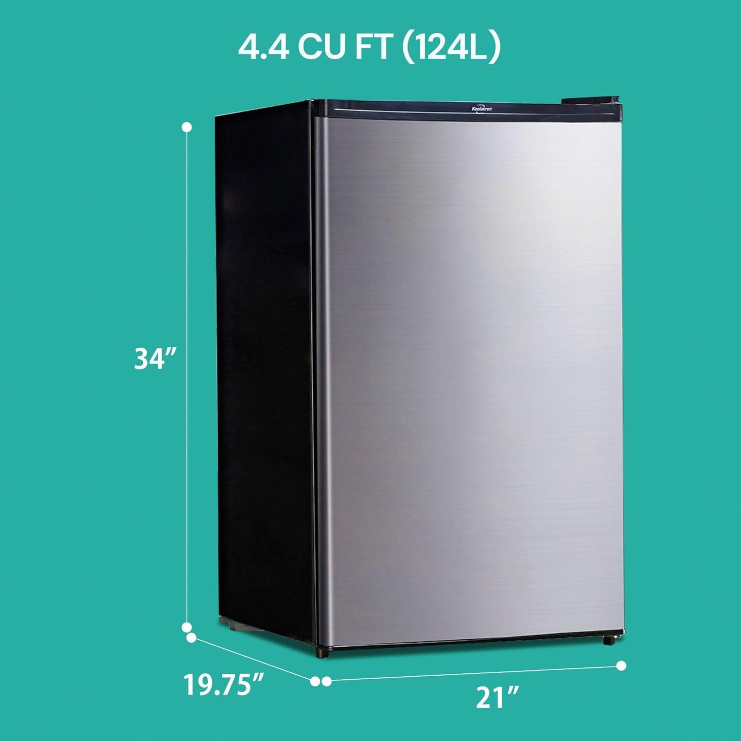image:imageKoolatron Stainless Steel Compact Fridge with Freezer 44 cu ft 124L Silver and Black Flat Back Reversible Door for Snacks Frozen Meals Beverages Beer Den Dorm Office Rec Room Home Bar