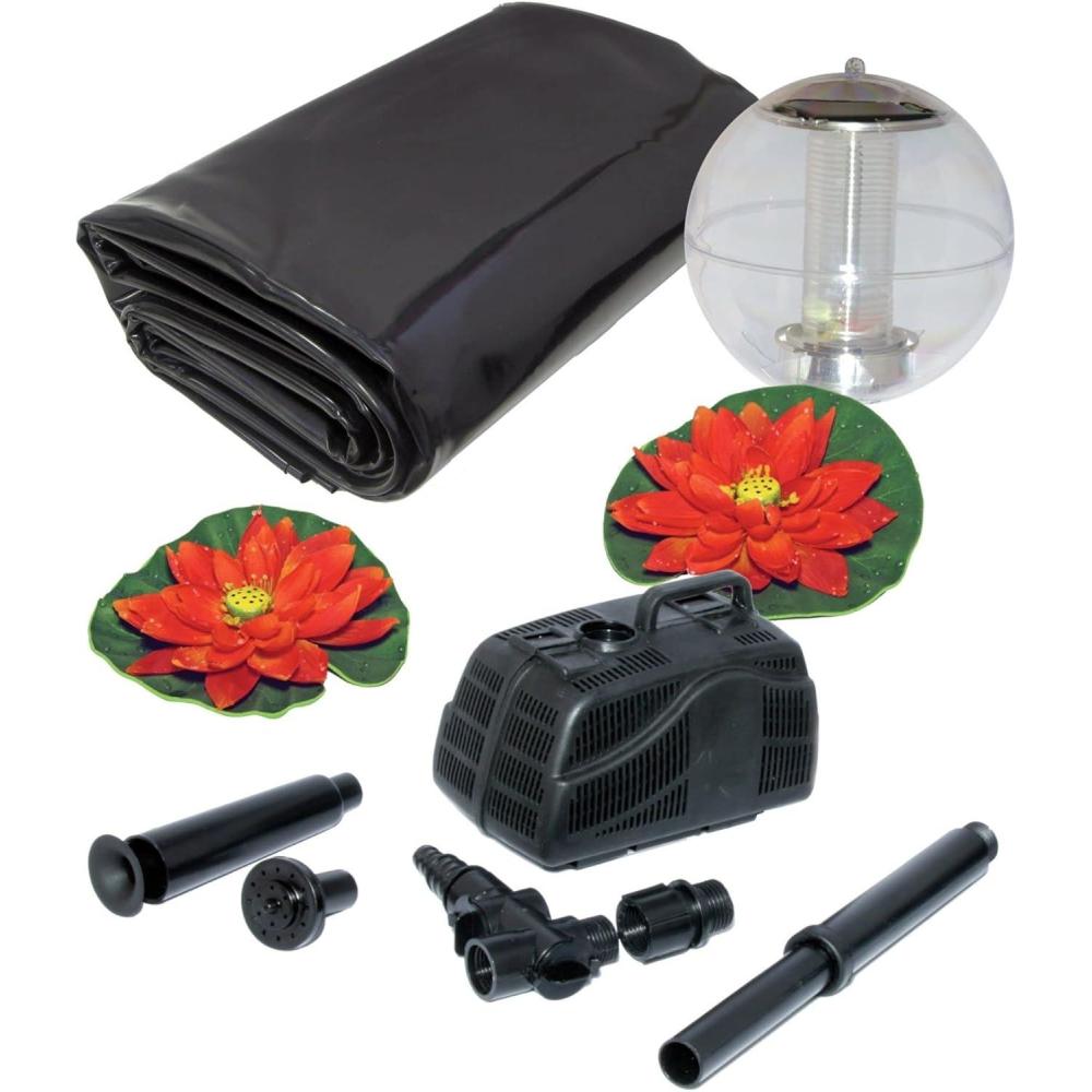 image:imageKoolatron Koolscapes 400 Gallon Starter Pond Kit with 340 GPH Pump Water Bell and Double Daisy Fountain Nozzles 10 x 10 Ft Flexible Liner Floating Solar Light FishFriendly Backyard Koi Pond Kit
