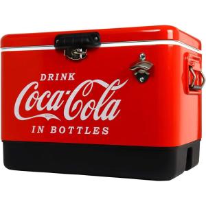 Coca-Cola Ice Chest Cooler – Portable Ice Bucket with Bottle Opener, Vintage Style, Insulated for Camping, Beach, Picnic, RV, BBQs, Tailgating, Fishing, Stainless Steel 85 Can Ice Box, 51L (54 qt)