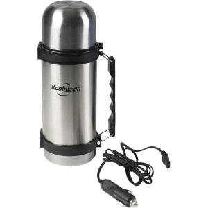 Koolatron 12V Insulated Vacuum Flask with Heater, 1L Silver and Black Stainless Steel, Push Button Dispenser, for Car, SUV, Truck, RV, Boat