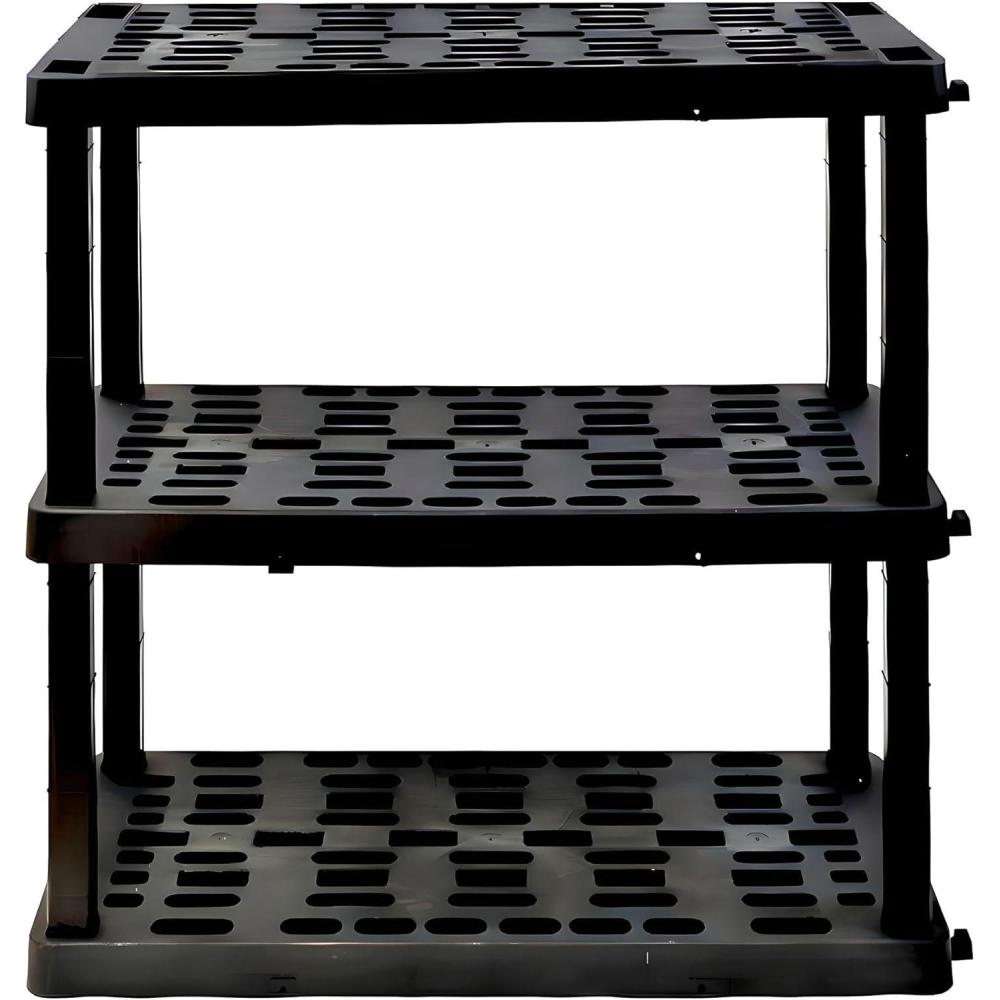 image:imageOskar Heavy Duty Plastic Storage Shelves for Garage Kitchen Bathroom Basement Kids Room Stackable 3Tier Black Organizer Rack for Books Shoes Toys Pantry Cleaning and Closet OrganizationBlack
