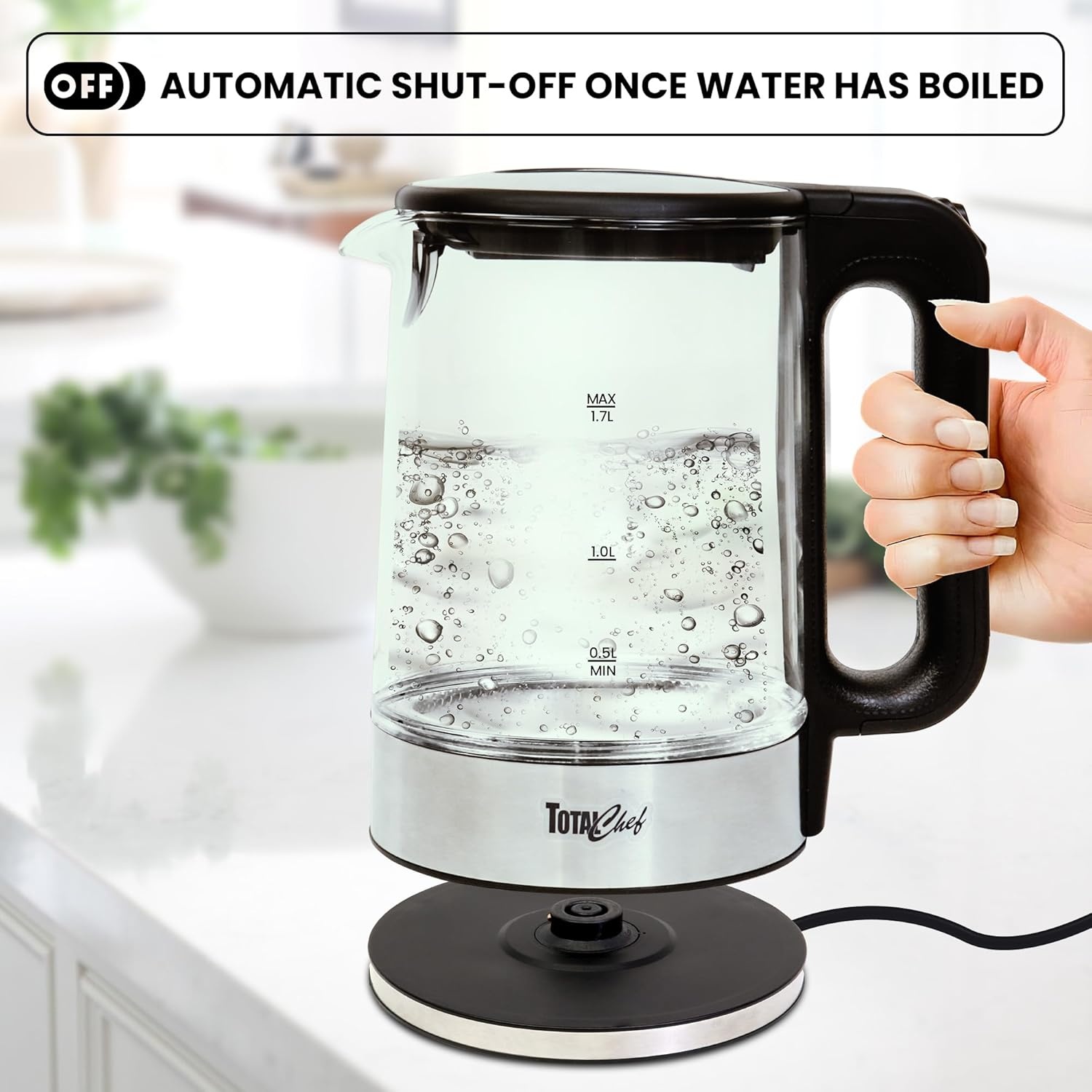 image:imageTotal Chef Electric Glass Kettle 17L Fast Boil BPAFree Borosilicate Glass LED Light Auto ShutOff BoilDry Protection Cordless Water Boiler for Tea amp Coffee Kitchen Appliance