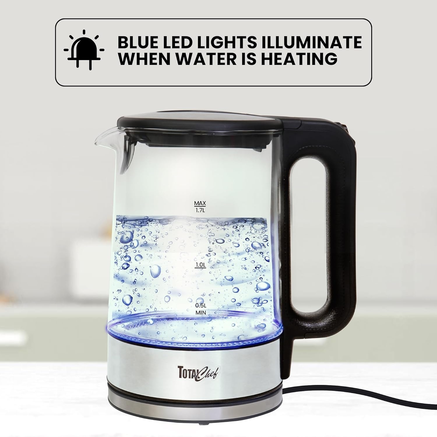 image:imageTotal Chef Electric Glass Kettle 17L Fast Boil BPAFree Borosilicate Glass LED Light Auto ShutOff BoilDry Protection Cordless Water Boiler for Tea amp Coffee Kitchen Appliance
