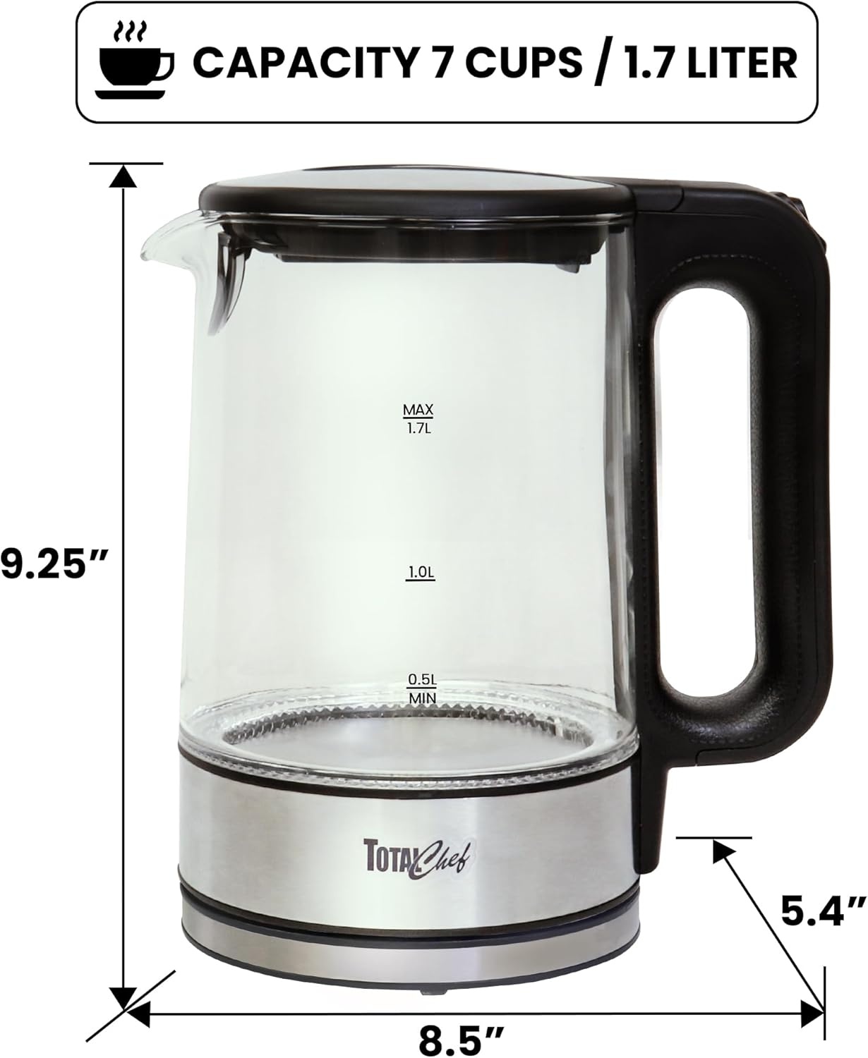 image:imageTotal Chef Electric Glass Kettle 17L Fast Boil BPAFree Borosilicate Glass LED Light Auto ShutOff BoilDry Protection Cordless Water Boiler for Tea amp Coffee Kitchen Appliance