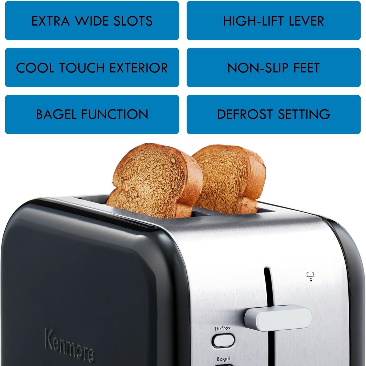image:imageKenmore 2Slice Toaster Color Touch Screen amp 6 Shade Settings Extra Wide Slots Digital Countdown Timer Customizable Smart Presets Reheat Defrost Add Time Functions Stainless SteelBlack