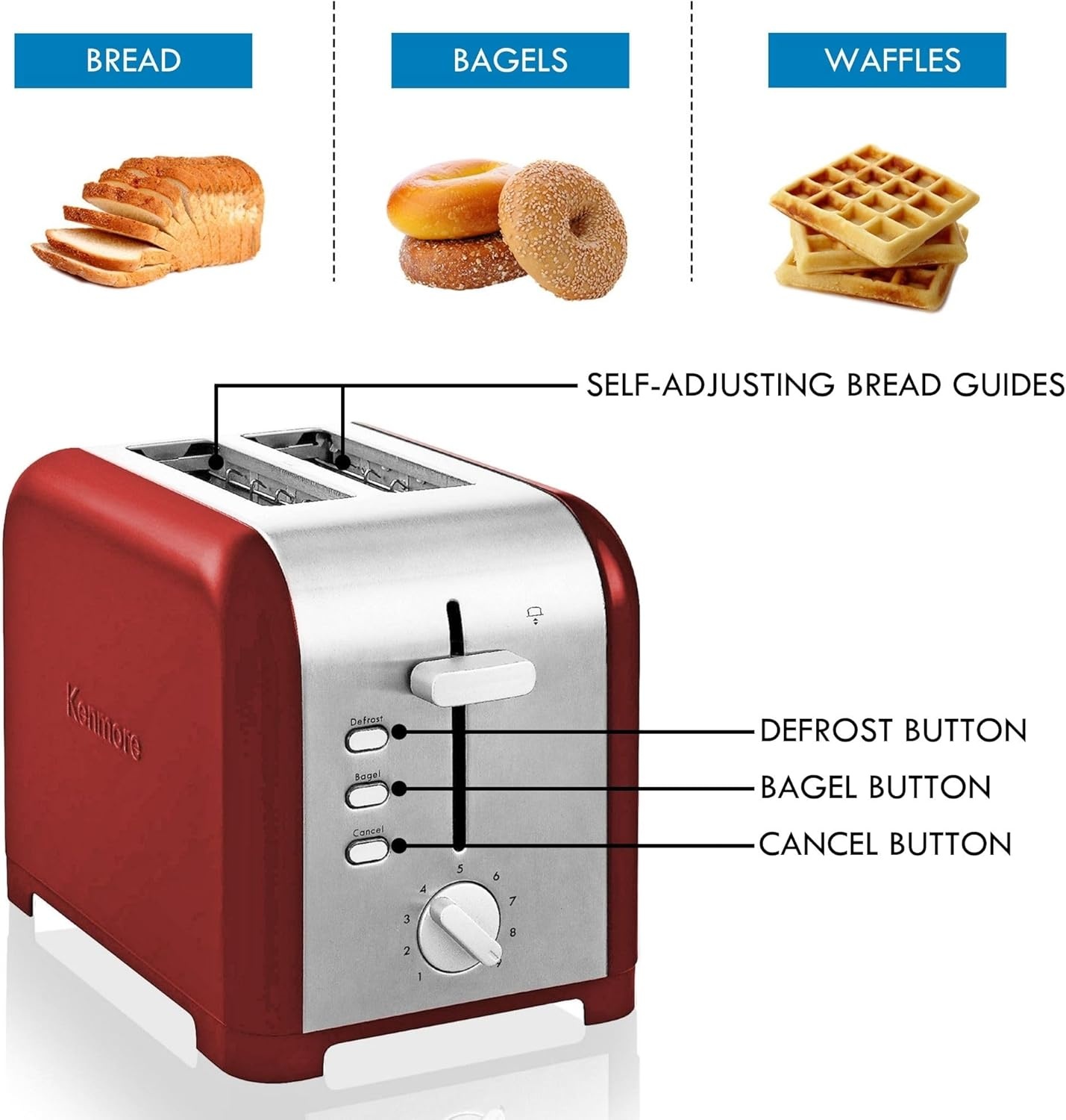 image:imageKenmore 2Slice Toaster Color Touch Screen amp 6 Shade Settings Extra Wide Slots Digital Countdown Timer Customizable Smart Presets Reheat Defrost Add Time Functions Stainless SteelRed
