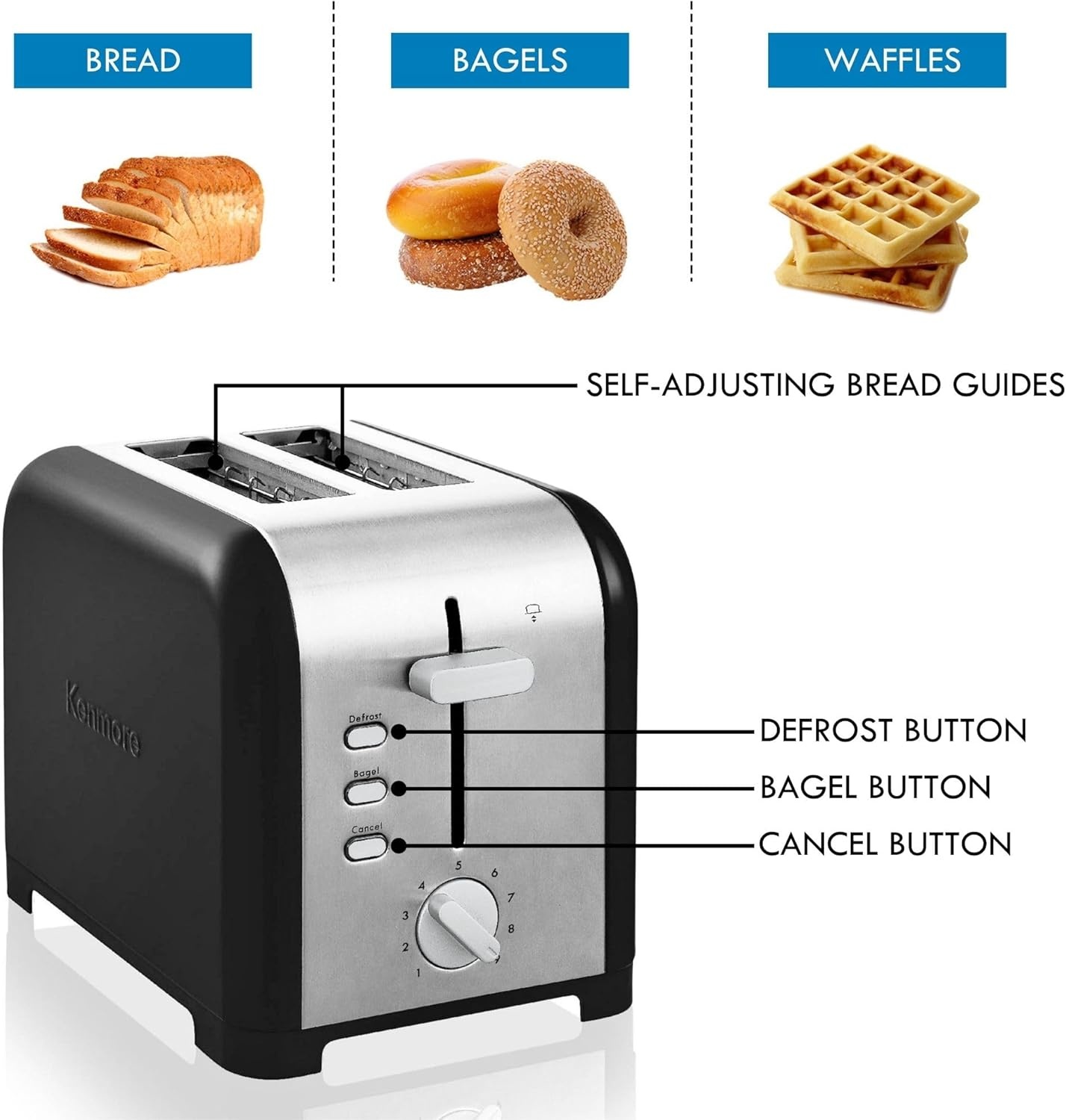 image:imageKenmore 2Slice Toaster Color Touch Screen amp 6 Shade Settings Extra Wide Slots Digital Countdown Timer Customizable Smart Presets Reheat Defrost Add Time Functions Stainless SteelBlack