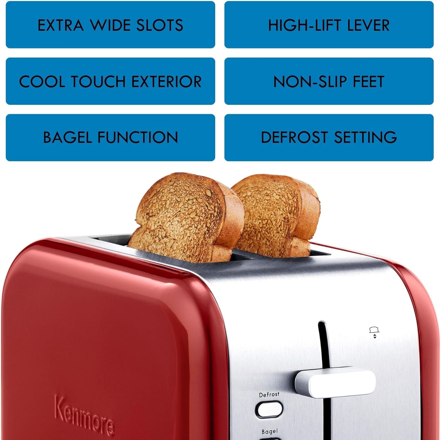 image:imageKenmore 2Slice Toaster Color Touch Screen amp 6 Shade Settings Extra Wide Slots Digital Countdown Timer Customizable Smart Presets Reheat Defrost Add Time Functions Stainless SteelRed