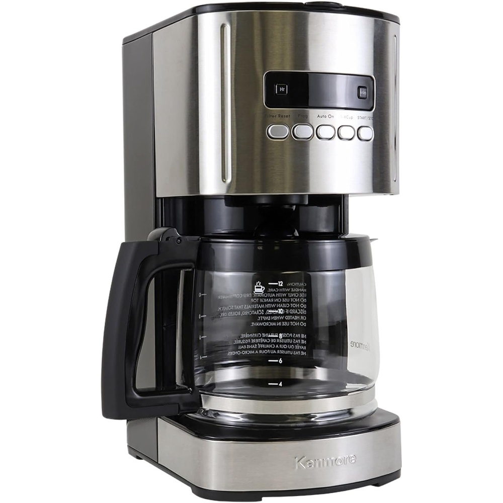 image:imageKenmore Coffee Maker 12 cup Drip Coffee Machine Reusable Filter Programmable Timer Digital Display Aroma Control Glass Carafe Charcoal Water Filter Regular Bold Stainless Steel and Black