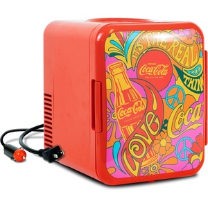 Coca Cola Mini Fridge – Refrigerator for Bedroom Office, Portable Table Top Beverage Cooler, 12V 110V Refrigerador For Drinks, Soda, Wine, Use In Car, Dorm, Outdoor, Patio, 6 Can(Peace)