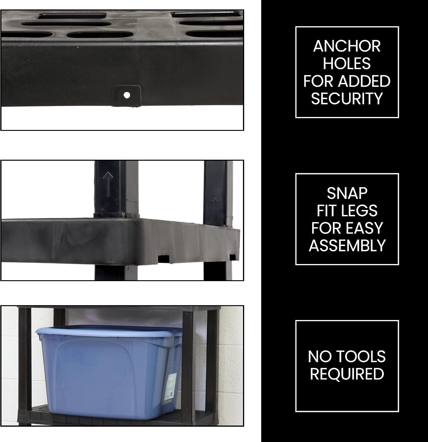 image:imageOskar Heavy Duty Plastic Storage Shelves for Garage Kitchen Bathroom Basement Kids Room Stackable 3Tier Black Organizer Rack for Books Shoes Toys Pantry Cleaning and Closet Organization