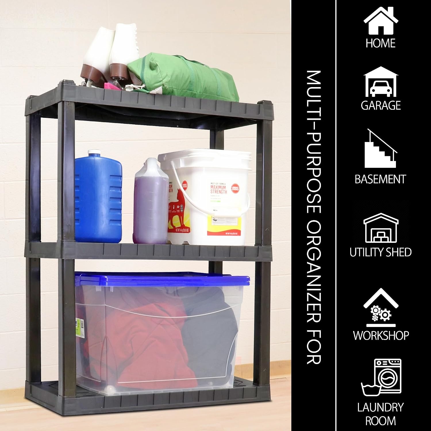 image:imageOskar Heavy Duty Plastic Storage Shelves for Garage Kitchen Bathroom Basement Kids Room Stackable 3Tier Black Organizer Rack for Books Shoes Toys Pantry Cleaning and Closet Organization